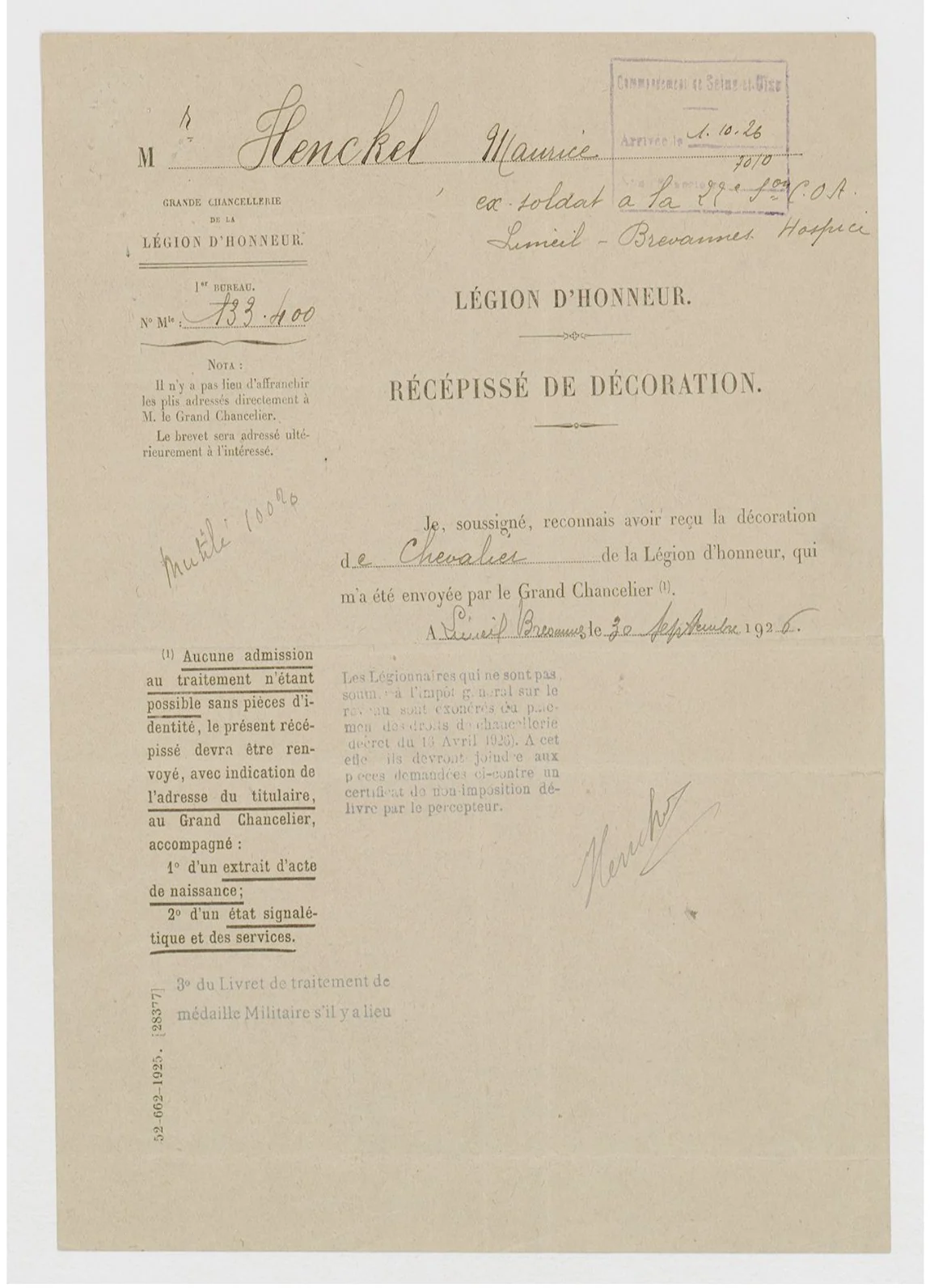 Récépissé de la Légion d'honneur de Maurice Henckel, archives nationales