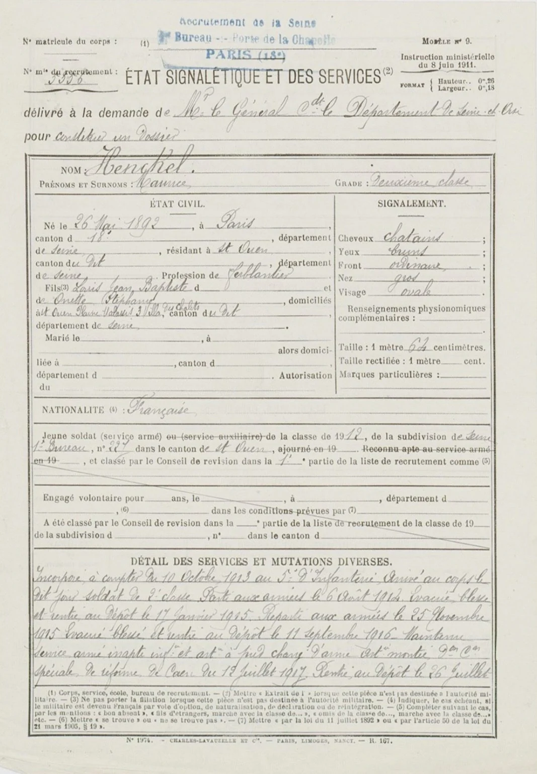État signalétique et des services militaires de Maurice Henckel